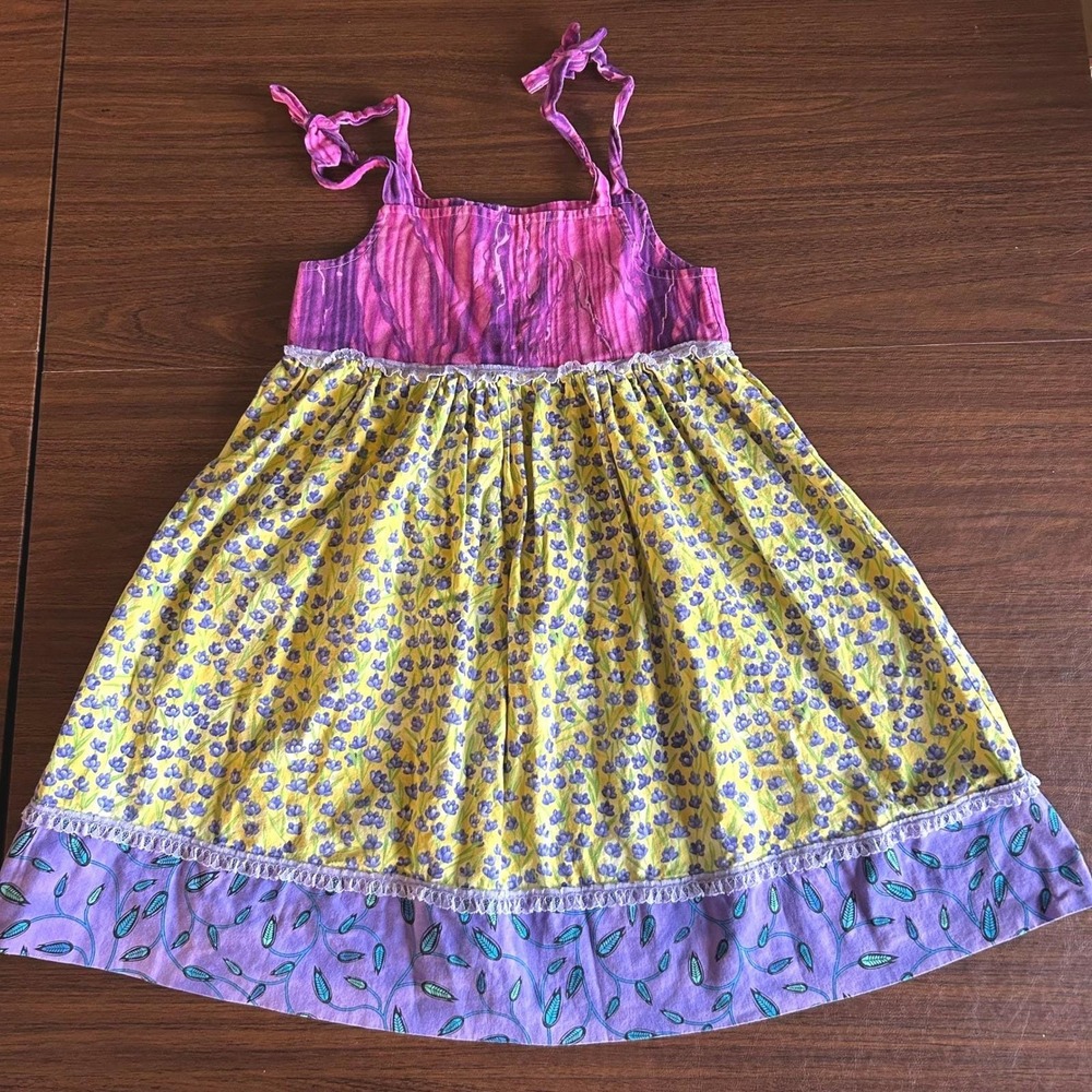 Homemade Floral Sundress Kids Size 6 Yellow Purple Pink Boho Cottagecore Lace